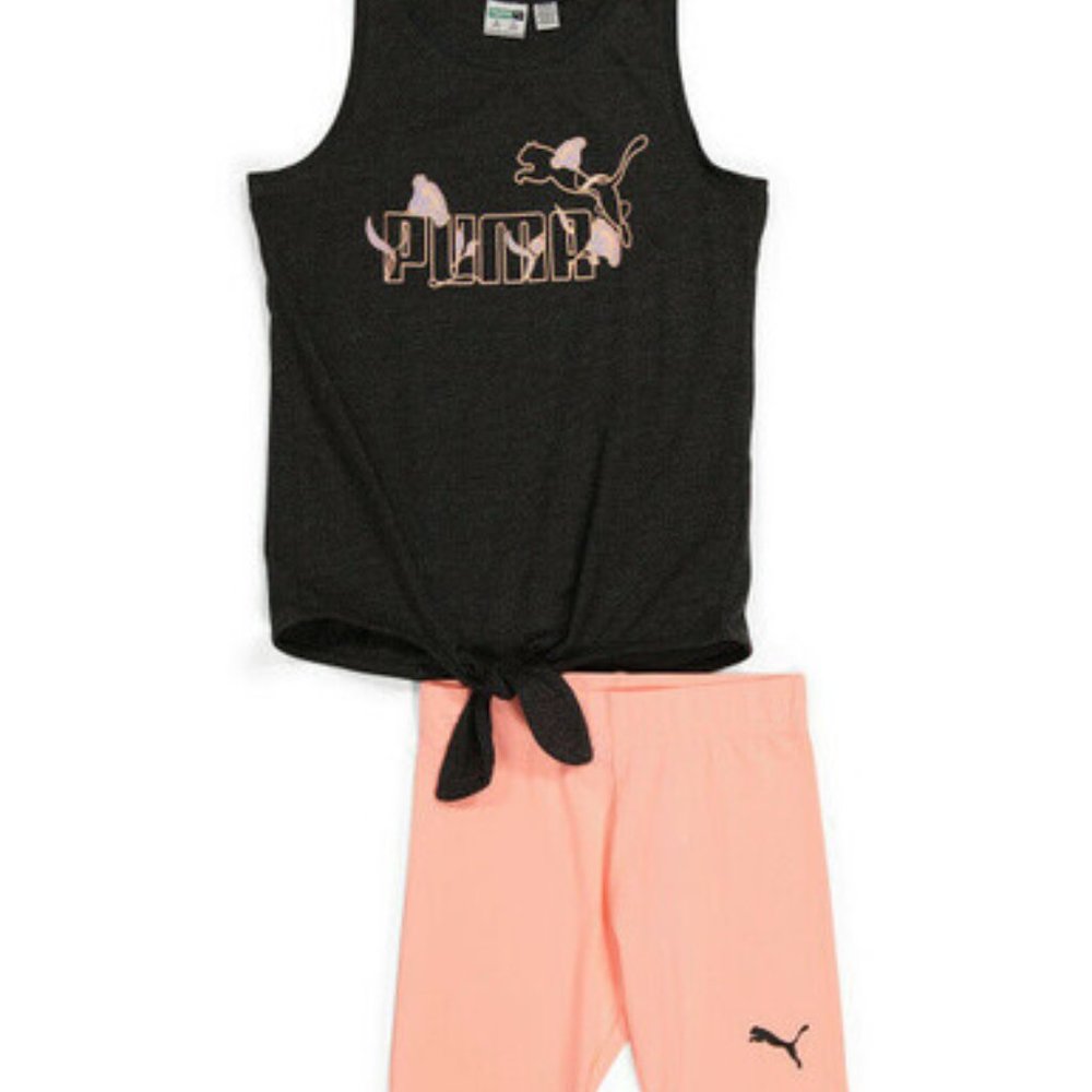 PUMA 2pc Tank Kids' Graphic Tee & Bike Short Set Size 6 pink black